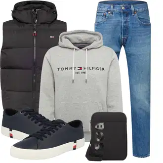 90er Outfit mit Grau Große Größe Sweatmode/Vintage Hoodie/Sport Hoodie/Hoodie/Ausgefallener Hoodie/Sport Sweatshirt/Unisex Hoodie/Kapuzenpullover/Damen Pullover Tommy Hilfiger "Herbstliches Freizeit Outfit"Look: Rad, Sportlich, Retro, Skater, Uni, Classic, Vintage, 90er