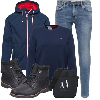 Outfit mit Hellblau/Blau Slim Fit Jeans/Lederjacke/Push up Jeans/Leder Schuhe/Jeans mit Schlitz/Knöchelstiefel/Low Rise Jean/Winterjacke/Biker Jeans/Regular-Fit Jeans Only & Sons "Herbstliches Freizeit Outfit"