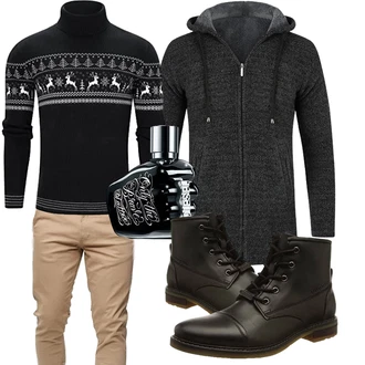 Outfit mit Schwarz Jacquard Pullover/Norweger Pullover/Wollpullover/Rollkragenpullover/Winterpullover Freshhoodies "Herbstliches Freizeit Outfit"