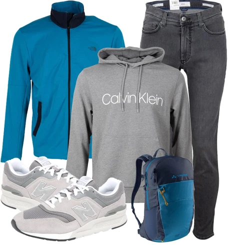 Sportlich Grau/Hellgrau Schuh Sneaker Low/Schmaler Sneaker/Sommer Sneaker/Vintage Sneaker New Balance kombinieren mit Blau Rucksack VaudeLook: Empire, 90er, Esthetische, Casual, Classic, Elegant, Metallic, Retro, Sportlich, Unisex, Skater, Steampunk