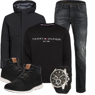 90er Outfit mit Schwarz/Silber/Mischfarben Große Größe Sweatmode/Damen Pullover/Sport Sweatshirt Tommy Hilfiger "Herbstliches Freizeit Outfit"Look: Rad, Skater, 80er, Zuhause, 90er, Militär, Hipster