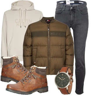 Outfit mit Braun/Beige Schnürstiefelette/Trekkingstiefel/Gefütterte Stiefelette/Leder Stiefelette/Schnürschuh/Klassischer Stiefel Mustang "Herbstliches Freizeit Outfit"