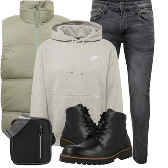 Esthetische Outfit mit Grau/Hellgrau/Khaki Sweatmode/Hoodie/Sport Hoodie/Vintage Hoodie/Unisex Hoodie/Ausgefallener Hoodie/Damen Pullover/Partner Hoodie/Sport Sweatshirt Nike Sportswear "Herbstliches Freizeit Outfit"Look: Rad, Esthetische, Rap, Skater, Unisex, Sportlich