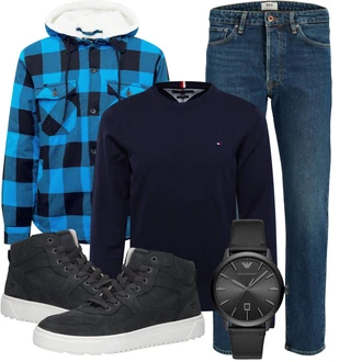 Coole Outfit mit Dunkelblau/Schwarz/Blau Plateau-Sneaker/Leder Sneaker/Sneaker Mit Seitlichem Reißverschluss/Schmaler Sneaker/Winter Sneaker Hub "Herbstliches Freizeit Outfit"Look: Uni, Sportlich, Casual, Skater, Moderne, Unisex, Hip Hop, Coole, Trendige, Streetwear, Smart Casual, Lack