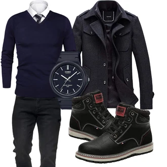 Sportlich Outfit mit Schwarz Winter Stiefel/Klassischer Stiefel/Wasserdichter Stiefel/Wattierte Stiefel/Wasserfester Schuh/Winter Stiefelette/Gefütterte Stiefelette/Herren Lederschuhe/Winter Sneaker/Sicherheitsschuh AX BOXING "Herbstliches Freizeit Outfit"Look: Dad, Stil, Metal, Ausgefallene, Uni, Boyfriend, Workwear, Unisex, Smart Casual, Sportlich, Casual, Outdoor
