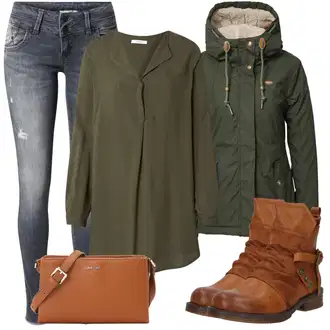 Kombinacije za zimu sa Tamnozelena Bluza s Podignutim Ovratnikom/Oversize Bluza/Tunika Majica/Klasična Tunika/Duga Bluza About You "Udoban zimski outfit"