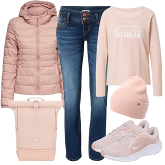 Outfit s Růžová/Béžová/Modrá Dlouhá tylová sukně/Dlouhý Zimní Kabát/Dlouhé Kardigany/Mikina/Dlouhé Šaty Herrlicher "Módní zimní Outfit"
