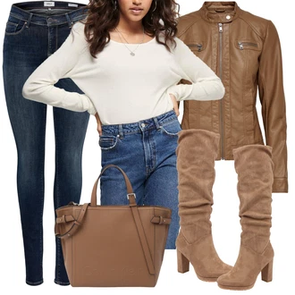 S páskem Dlouhé Outfit s Modrá/Tmavě modrá Kožená bunda/Zimní bunda/Kožené Boty/Slim Fit Džíny/Push up Džín/Džíny s Nízkým Sedem/High Waist Džínové Kalhoty/Termální Džíny/Džín s Nízkým Pasem Only "Nejlepší Basic Outfit"