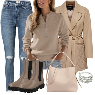 Outfit s Hnědá/Béžová/Šedá Kozačka Chelsea Boty/Gumová Kotníková Bota/Kožená bunda/Plochá Kotníková Bota Tom Tailor "Originální Soft Girl Outfity"