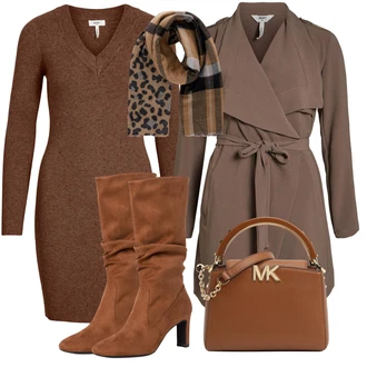 Kůže Outfit s Hnědá Dlouhý Zimní Kabát/Dlouhá tylová sukně/Dlouhé Šaty/Taška/Doplňek MICHAEL Michael Kors "Podzimní Outfit"