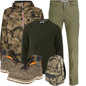 Outfit mit Grau/Dunkelgrün/Khaki/Braun Lederjacke/Klassischer Stiefel/Springerstiefel/Schnürstiefelette/Schnürschuh/Gefütterte Stiefelette/Sicherheitsschuh/Trekkingstiefel/Wasserdichter Stiefel Dockers by Gerli "Outfit für den Herbst"