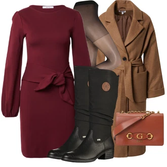 Outfit s Růžová/Vínová/Tmavě červená/Fialová Zimní šaty s dlouhým rukávem/Svetrové Šaty/Zimní Pletené Šaty/Pouzdrové Šaty S Dlouhým Rukávem/Občanské šaty/Šaty na Podzim/Šaty s Páskem/Šaty S Rolákem About You "Podzimní Outfit"