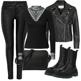 Outfit s Černá/Zelená Chelsea Boty/Bota na Platformě/Kožená bunda VERO MODA "Podzimní Outfit"