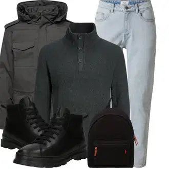 Herbst Outfit mit Grau/Hellblau/Blau Tapered-Jeans/Cropped Jeans/Mom Jean/Girlfriend Jeans/Slim Fit Jeans/Jeans mit Schlitz/Herren Lederjacke/Sweatjeans/Thermojeans/Winterjacke/Knöchelstiefel/Caprijeans DAN FOX APPAREL "Outfit für den Herbst"