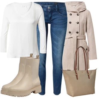 S Třásně Outfit s Hnědá/Béžová/Khaki Chelsea Boty/Kožená bunda/Gumová Kotníková Bota/Plochá Kotníková Bota/Kotníková Bota s Podšívkou About You "Podzimní Outfit"