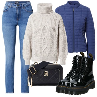 Vysoký Pas Outfit s Modrá/Světle modrá Rovná Džína/Zimní bunda/Dad Džíny/Girlfriend Džíny/Kožená Pánská Bund/Zužující se Džíny/Zkrácené Džíny/Džíny Regular Fit/Mom Jean/Navlékací džíny/Vintage džíny/Boyfriend Džínové kalhoty/Sportovní boty/Formální Košile/Dámské Džíny s Délkou 7/8/High Waist Džínové Kalhoty Pieces "Podzimní Outfit"