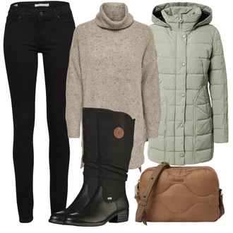 Outfit s Černá Zimní Kozačka/Dlouhá Kozačka/Bota se širokým nohavici/Klasická Kozačka/Plochá Kozačka nad koleno/Nepromokavá Kozačka/Jezdecká Bota Rieker "Podzimní Outfit"