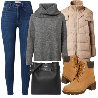 Recyklovaný materiál Outfit s Hnědá Kozačka Šněrovací Kotníková Bota Timberland "Podzimní Outfit"