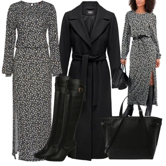 Elegantní Outfit s Šedá/Hnědá/Bílá/Tmavě šedá Šaty Niki/Šaty na Podzim/Občanské šaty/Zimní šaty s dlouhým rukávem/Košilové šaty/Šaty s Rozparkem/Šaty S Potiskem/Šaty s dlouhým rukávem/Maxi Šaty/Dlouhé pletené šaty Lascana "Podzimní Outfit"Look: 20 léta, Elegantní, Jazz, Mom, Old Money, Slavnostní