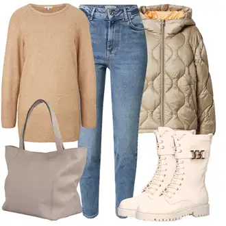 Outfit s Krémová/Růžová/Béžová/Modrá Bota Šněrovací Kozačka Guess "Podzimní Outfit"