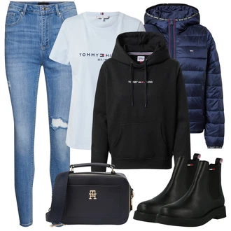 Outfit s Světle Modrá/Modrá Kožená bunda/Kožené bundy/Džíny s Rozparkem/Kotníková Bota/Push up Džín/Džíny s Dírou/Navlékací džíny VERO MODA "Podzimní Outfit"