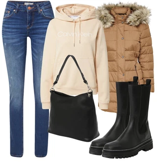 Motorka Outfit s Černá Zimní Kozačka z jehněčí kůže/Kozačka se zipem/Nepromokavá Kozačka/Kotníková Bota s Podšívkou/Klasická Kozačka/Holínky/Motorkářská Bota/Chelsea Boty/Ovčí Kožešinová Bota/Motorkářská bota/Kožená bunda Gabor "Podzimní Outfit"Look: Jízda na koni, Motorka, Apres ski