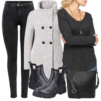 Grunge, Venkovní Outfit s Šedá/Hnědá/Béžová Pletený Fleecový Kabát/Pletený Kabát/Zimní Kabát Vlněný kabát/Vlněný Fleecový Kabát/Kabát Bouclé Only "Podzimní Outfit"Look: Klasické, Francouzské, Pro Dům, Námořní, Moderní, Krásný, Venkovní, Univerzitní