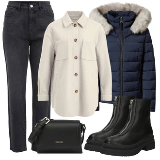 Outfit s Černá/Fialová/Tmavě červená/Tmavě hnědá Mom Jean/Zimní bunda/Slim Fit Džíny/Dámské Džíny s Délkou 7/8/High Waist Džínové Kalhoty/Rovná Džína/Zkrácené Džíny/Kožené Boty/Termální Džíny/Džíny Regular Fit/Zužující se Džíny/Džíny s Rozparkem Vila "Podzimní Outfit"