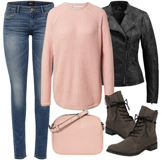 Prošívaný Outfit s Černá/Tmavě šedá Motorkářské Bund/Motorkářská bunda/Bunda s Bočním Zipem/Kožené Bund/Bunda z Umělé Kůže Only "Podzimní Outfit"
