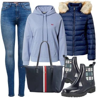 Outfity pro dešťové počasí Festival s Modrá/Tmavě modrá Nezařazené Tommy Jeans "Podzimní Outfit"Look: Bar, Galavečer, Koncert, Karneval, Nový Rok, Elektro, Festival