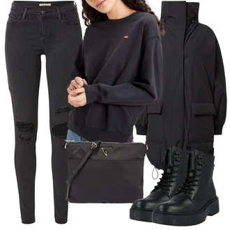 Outfit s Černá Dlouhé Šaty/Taška/Dlouhý Zimní Kabát/Doplňek/Dlouhá tylová sukně Guess "Podzimní Outfit"