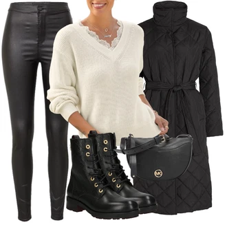 Outfit s Černá Kozačka Šněrovací Kotníková Bota/Motorkářská bota/Bojová Bota/Klasická Kozačka/Plochá Kotníková Bota/Kožená kotníková bota/Kotníková Bota s Podšívkou Tommy Hilfiger "Podzimní Outfit"