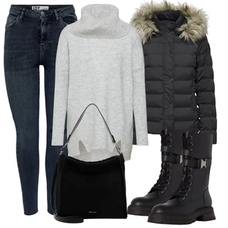 Outfit s Tmavě modrá Kožená bunda/Dámské Džíny s Délkou 7/8/Push up Džín/Džíny s Rozparkem/Kožené Boty/Kotníková Bota/Džíny s Dírou/High Waist Džínové Kalhoty/Zkrácené Džíny/Zimní bunda JdY "Podzimní Outfit"