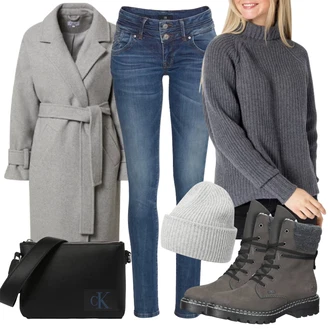 Vlna Outfit s Šedá Svetrové Šaty/Dlouhá tylová sukně/Zvonová Kalhoty/Dlouhý Zimní Kabát/Dlouhé Kardigany libertine-libertine "Podzimní Outfit"