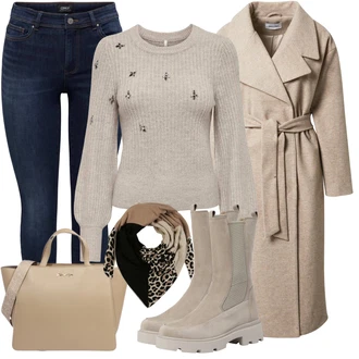 Outfit s Béžová/Hnědá/Khaki Kozačka Chelsea Boty/Bota se širokým nohavici/Klasická Kozačka/Ovčí Kožešinová Bota Gabor "Zimní Outfit"