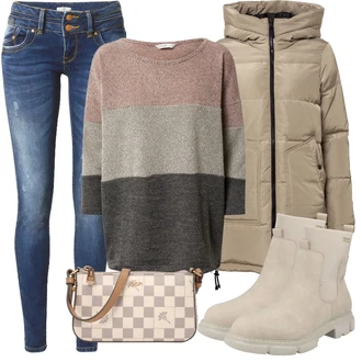 Outfit s Modrá Kožená bunda/Midi Kabát/Svetrová Vest Dlouhý svetr LTB "Zimní Outfit"