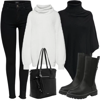 S Třásně Outfit s Černá/Bílá Kožená bunda/Kožené Boty/Zimní bunda/Slim Fit Džíny/Džíny s Nízkým Sedem/Push up Džín/Motorkářské Džíny/Termální Džíny Only "Zimní Outfit"