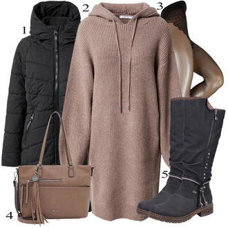Outfit s Hnědá/Fialová/Béžová/Šedá Mikinové Šaty/Pletené Šaty/Svetrové Šaty/Zimní Pletené Šaty About You "Podzimní Outfit"