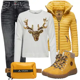 Outfit sa Žuta/Smeđa Čizma na Vezanje/Tenisica Zimske Tenisice/Cipela za Trekking/Zimska cipela Rieker "Outfit za Doček Nove Godine"
