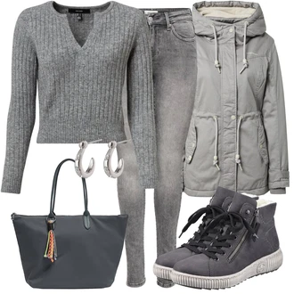 Hodanje Zima Outfit sa Tamnosiva/Siva/Svjetlosiva/Crna Tenisica Zimske Tenisice/Tenisice s patentnim zatvaračem sa strane/Kožna Tenisica Rieker "Outfit za zimu"Look: S zakovicama, Hodanje, Skating, Skate