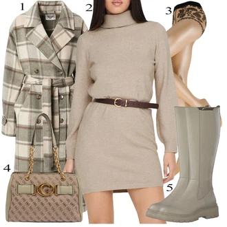 Outfit s Hnědá/Khaki/Béžová Klasická Kozačka/Kozačka po Kolena/Dlouhá Kozačka/Jezdecká Bota/Holínky/Bota se širokým nohavici/Kozačka se zipem MARCO TOZZI "Zimní Outfit"