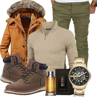 Outfit mit Khaki/Beige/Dunkelgrün/Dunkelbraun/Braun Schnürstiefel/Klassischer Stiefel/Gefütterte Stiefelette/Wasserfester Schuh/Winter Stiefel/Winter Stiefelette/Wattierte Stiefel/Wasserdichter Stiefel/Herren Lederschuhe/Winter Sneaker AX BOXING "Perfekt für den Herbst"