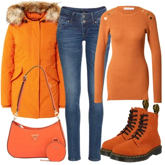 Outfit s Oranžová/Červená Svetr s Výstřihem/Pletený Svetr/Dlouhý Svetr/Svetr s Kulatým Výstřihem/Jednoduchý Svetr/Termo Svetr/Rolák/Svetr s límečkem/Vlněný Svetr/Kašmírový Svetr warehouse "Přesně pro zimu"