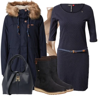 Outfit s Tmavě modrá Šaty s Páskem/Šaty s 3/4 Rukávem/Business Šaty/Kancelářské šaty/Pletené Šaty/Polo Šat/Ležérní Šaty/Úzké Šaty/Zimní Pletené Šaty Ragwear "Přesně pro zimu"