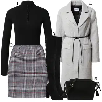 Seksi Outfit sa Crna Čizma Iznad Koljena/Kožna Čizma Iznad Koljena/Čizma do Koljena/Duga Čizma/Ravna čizma preko koljena About You "Tvoj otmjeni outfit"Look: cool, Šik, Seksi, Preodjeven, Elegantan, sviatočné, Old Money, Ležerno