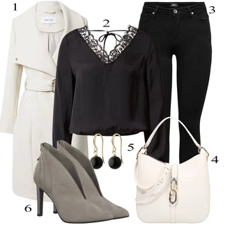 Elegantní Outfit s Černá Halenka Halenkový Top/Crash blůza/Elegantní Halenka/Neobvyklá Halenka/Krajková Halenka/Halenka s Dlouhým Rukávem/Otevřená Halenka/Rozverná blůza About You "Podzimní Outfit"Look: Styl, Disko, Elegantní, Kancelář, Old Money, Romantický