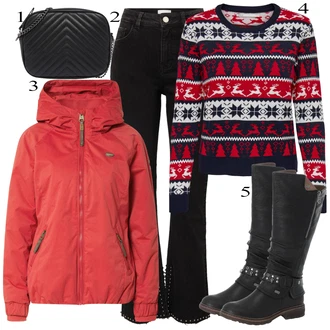 Outfit s Černá Pánské tričko/Džíny s Rozparkem/Zimní bunda/Zvonové Džíny/High Waist Džínové Kalhoty guido maria kretschmer women "Podzimní Outfit"