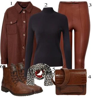 Outfit s Hnědá/Oranžová/Béžová Kožená Kalhoty/Latexové legíny/Legíny Kožený Vzhled/Vinylový Legín/Kalhoty z Umělé Kůže/Legíny s Rozparkem/Kožený legíny Only "Podzimní Outfit"