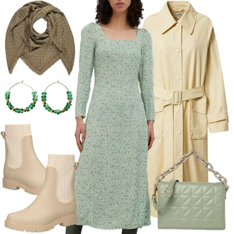 Outfit s Béžová/Hnědá/Krémová/Khaki Holínky/Kožená bunda/Gumová Kotníková Bota Mustang "Výrazný retro outfit"