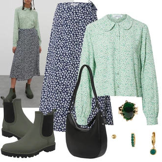 Outfit s Světle Zelená/Zelená Halenka Crash blůza/Carmen Blůza/Vintage Halenka/Halenka se Stojatým Límcem/Halenka s Potiskem/Vzorovaná Halenka/Rozverná blůza/Blůza s knoflíčkem/Halenka s Nafouknutým Rukávem/Neobvyklá Halenka/Blůza s Bubi límečkem Edited "Cool retro outfit"